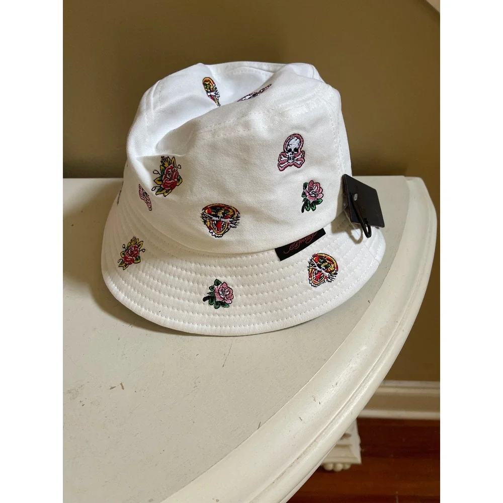 Ed Hardy White Bucket Hat Tattoo Embroidered Tiger Skull Rose Y2K Streetwear NEW